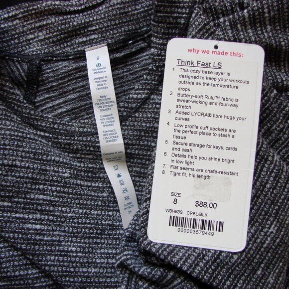Lululemon Think Fast Long Sleeve Shirt Coco Pique Black Gray Sz 8 BRAND NEW NWT - Picture 10 of 16